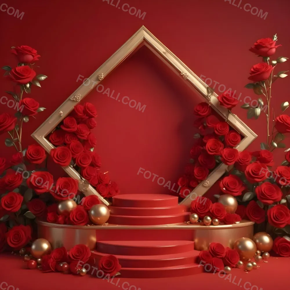 Red Roses Surrounding A Podium With A Golden Frame Red Background Golden Spheres Romantic Theme Product Presentation Elegant Design Valentine S Day Concept 3 4df0