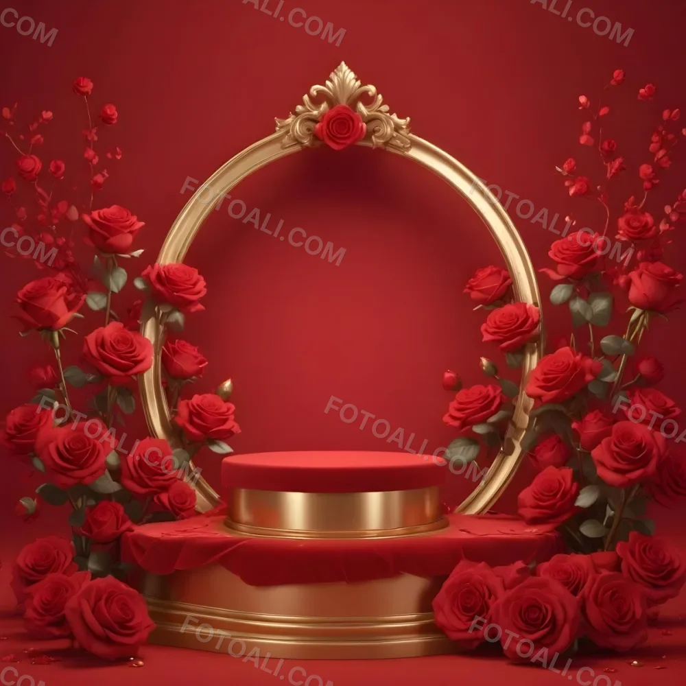 Red Roses Surrounding A Podium With A Golden Frame Red Background Golden Spheres Romantic Theme Product Presentation Elegant Design Valentine S Day Concept 30 9818