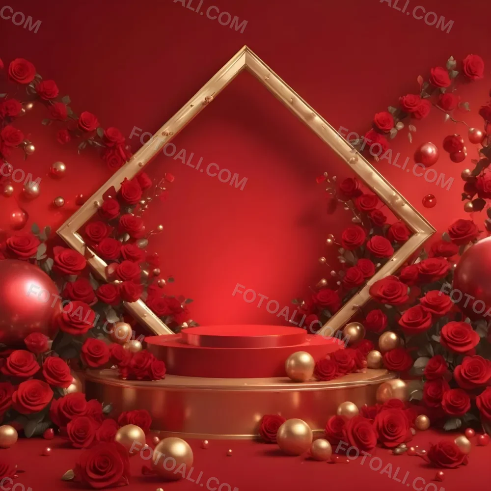 Red Roses Surrounding A Podium With A Golden Frame Red Background Golden Spheres Romantic Theme Product Presentation Elegant Design Valentine S Day Concept 31 51e3