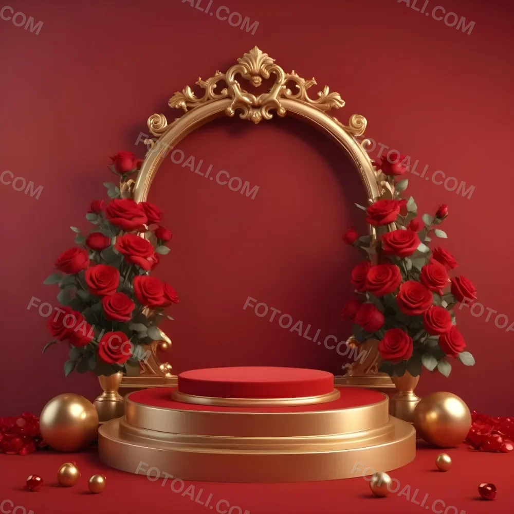 Red Roses Surrounding A Podium With A Golden Frame Red Background Golden Spheres Romantic Theme Product Presentation Elegant Design Valentine S Day Concept 32 1543