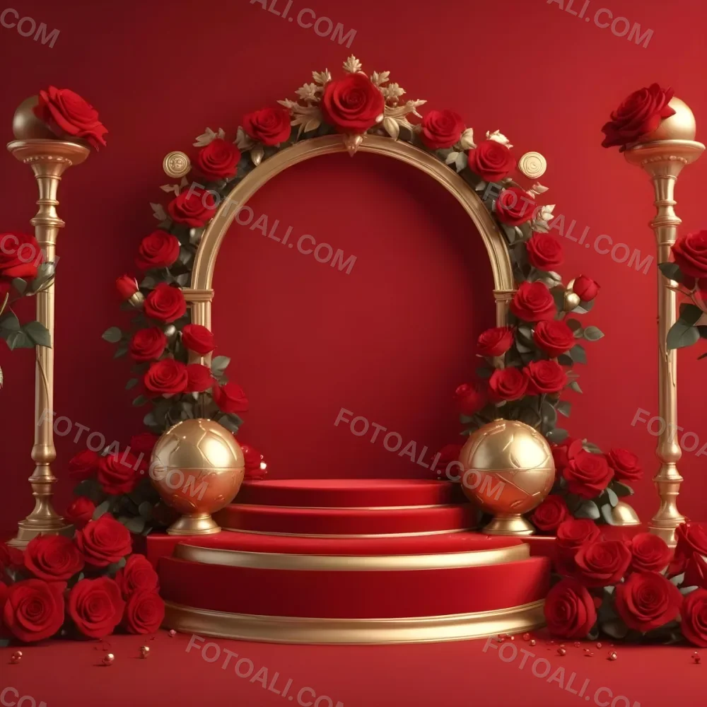 Red Roses Surrounding A Podium With A Golden Frame Red Background Golden Spheres Romantic Theme Product Presentation Elegant Design Valentine S Day Concept 4 C965