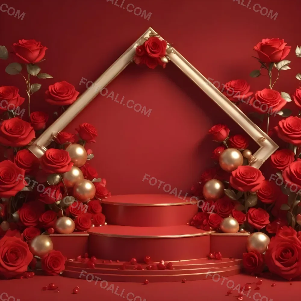Red Roses Surrounding A Podium With A Golden Frame Red Background Golden Spheres Romantic Theme Product Presentation Elegant Design Valentine S Day Concept 5 7cf0