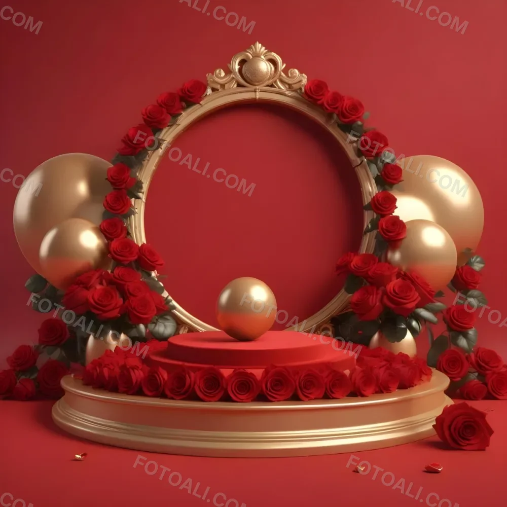 Red Roses Surrounding A Podium With A Golden Frame Red Background Golden Spheres Romantic Theme Product Presentation Elegant Design Valentine S Day Concept 8 4669