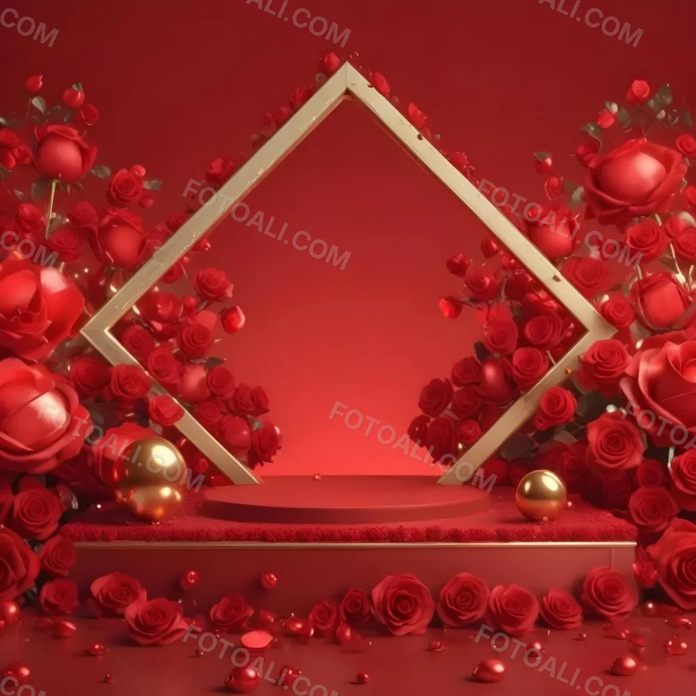 Red Roses Surrounding A Podium With A Golden Frame Red Background Golden Spheres Romantic Theme Product Presentation Elegant Design Valentine S Day Concept 9 1aaf