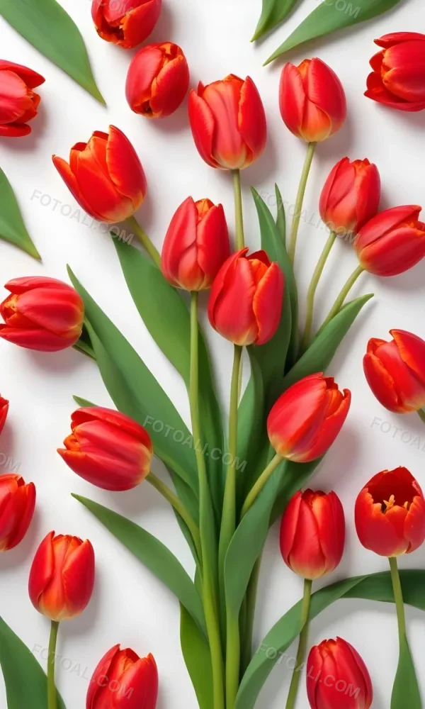 Red Tulips With Green Leaves On A White Background 14 123a
