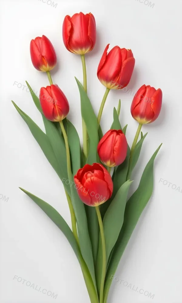 Red Tulips With Green Leaves On A White Background 18 472e
