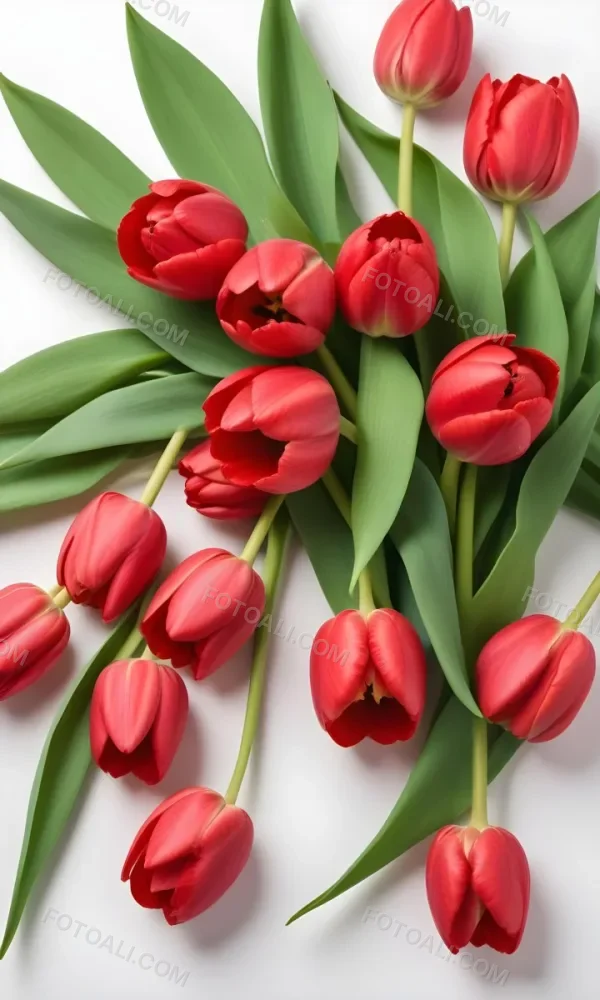 Red Tulips With Green Leaves On A White Background 23 Baae