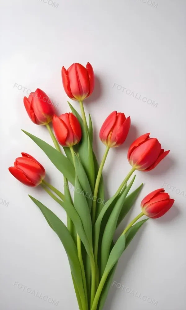 Red Tulips With Green Leaves On A White Background 27 9c76