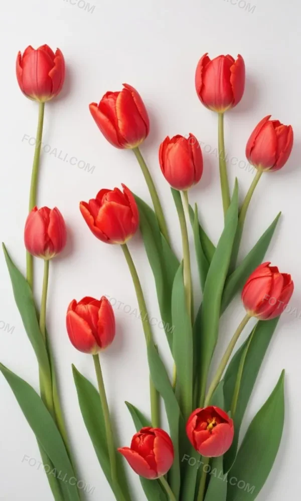 Red Tulips With Green Leaves On A White Background 32 36de