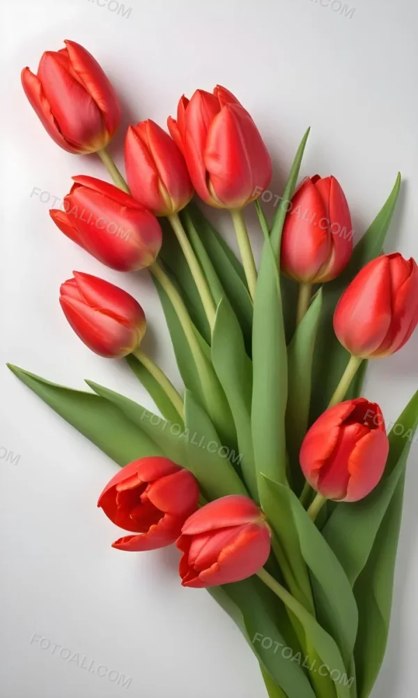 Red Tulips With Green Leaves On A White Background 40 A45d
