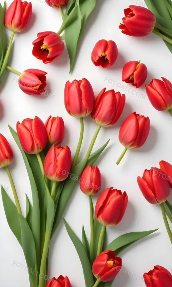 Red Tulips With Green Leaves On A White Background 44 6d20