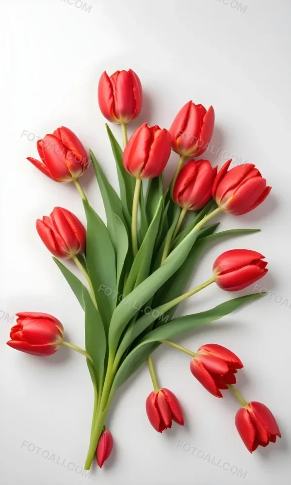 Red Tulips With Green Leaves On A White Background 49 37d2