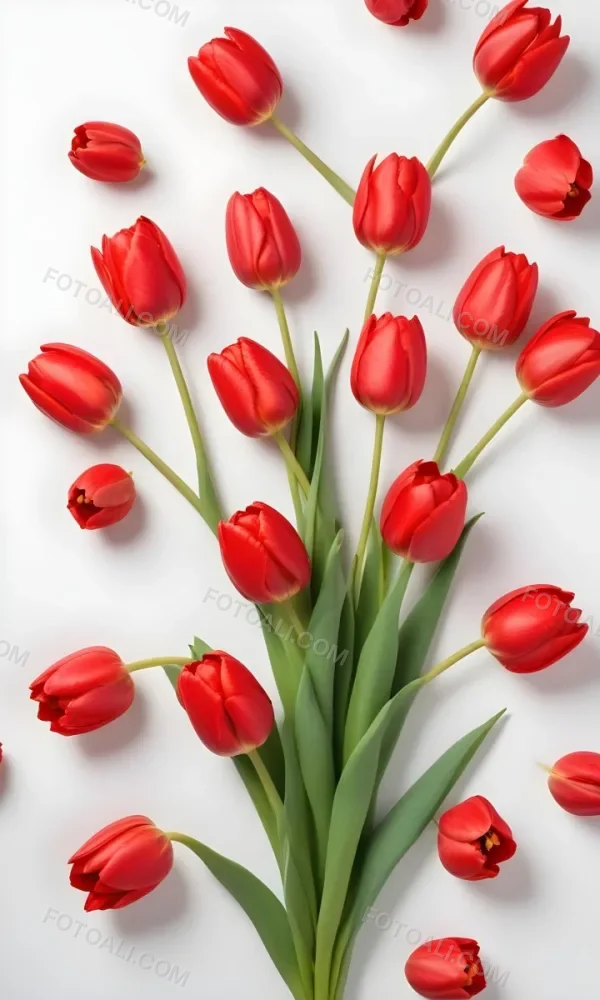 Red Tulips With Green Leaves On A White Background 53 E9d4