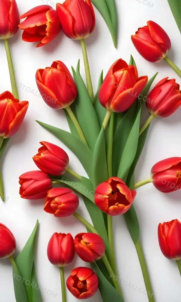 Red Tulips With Green Leaves On A White Background 54 5b32