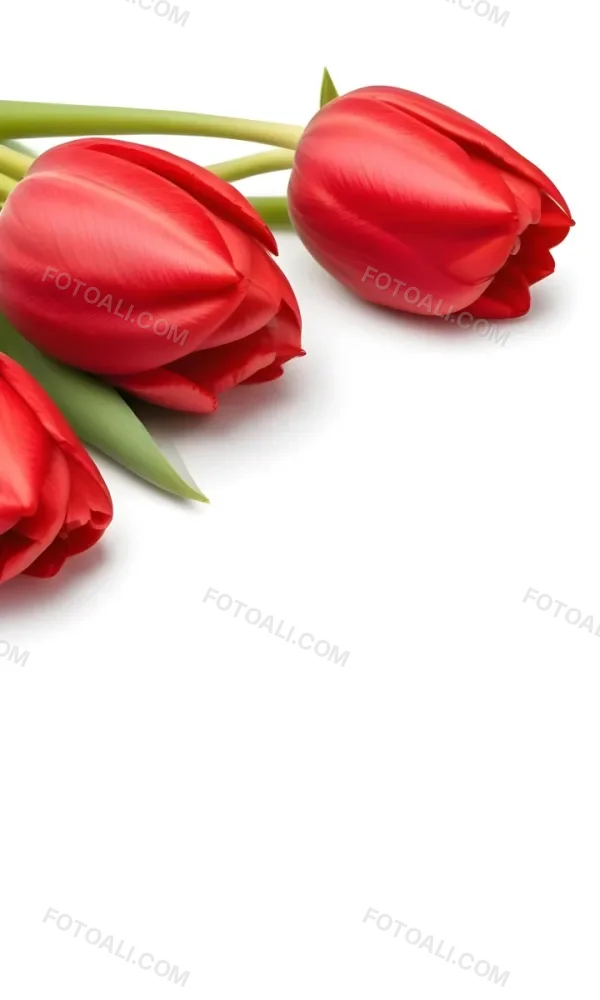 Red Tulips With Green Leaves On A White Background 55 Aaff