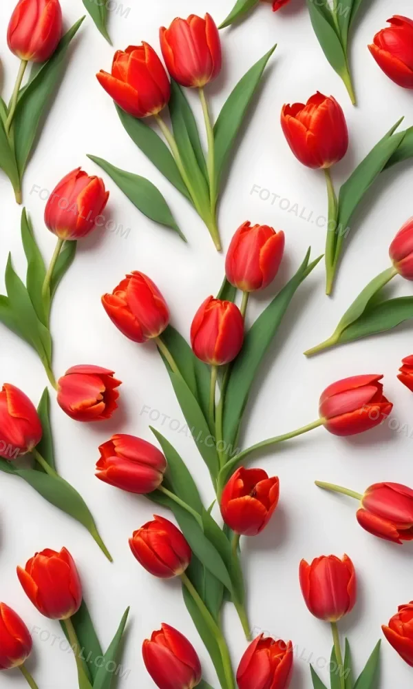 Red Tulips With Green Leaves On A White Background 56 304e