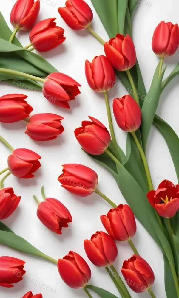 Red Tulips With Green Leaves On A White Background 59 A2e0