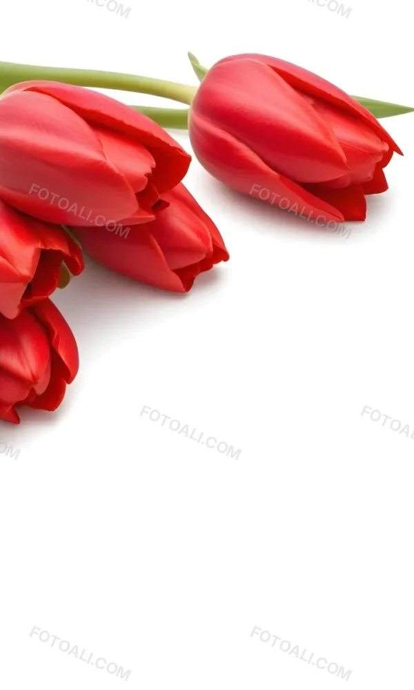 Red Tulips With Green Leaves On A White Background 6 12fc