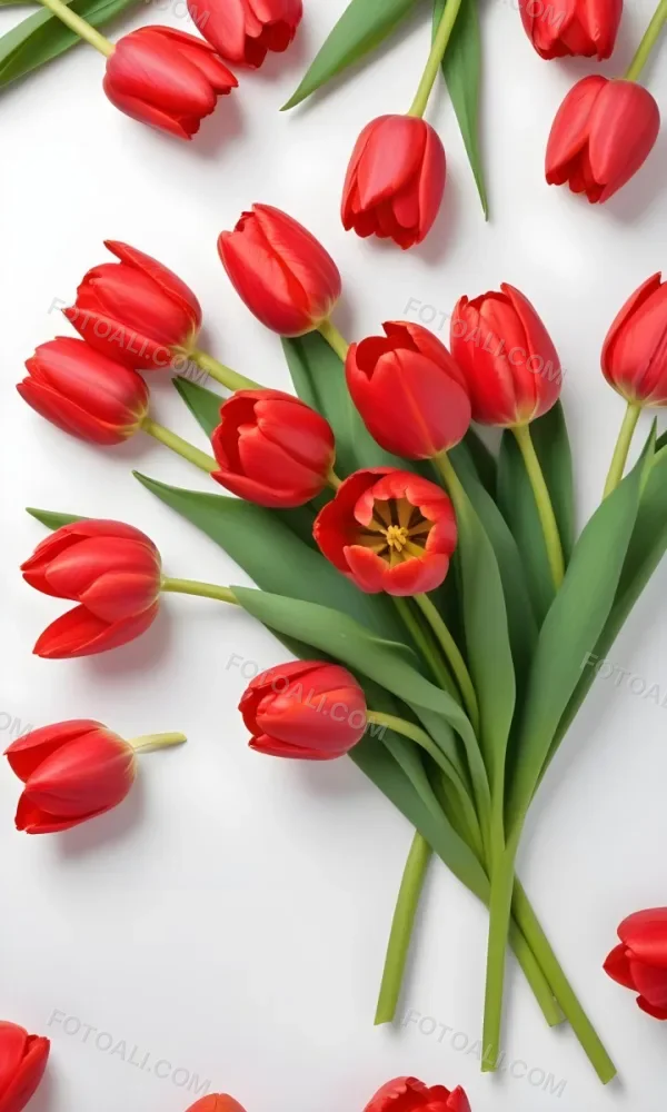 Red Tulips With Green Leaves On A White Background 60 38f3
