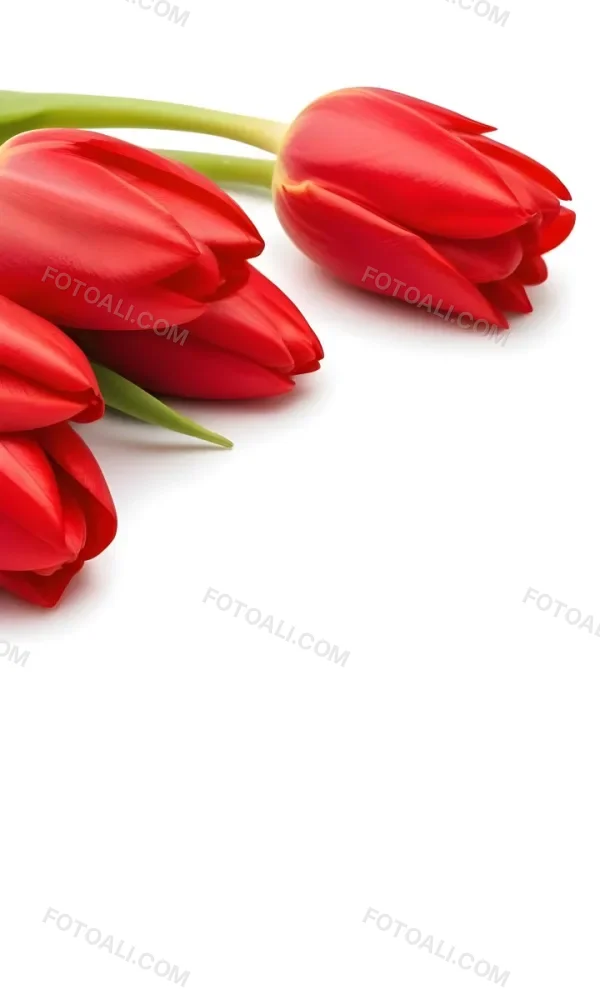 Red Tulips With Green Leaves On A White Background 9 69f3