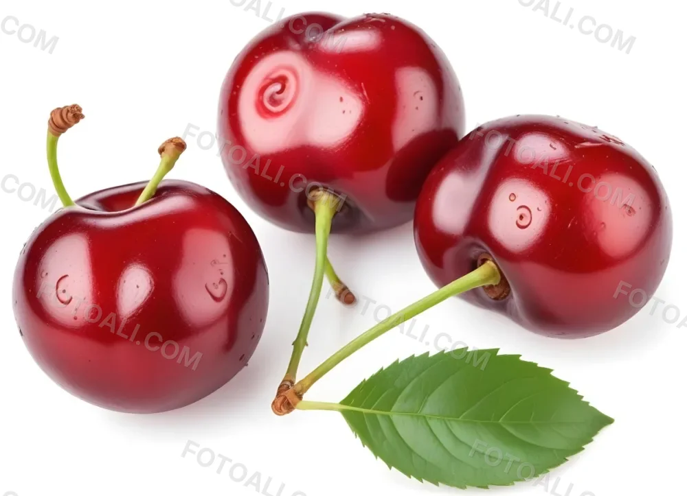 Ripe Red Cherries With Green Leaves Close Up 2 A157