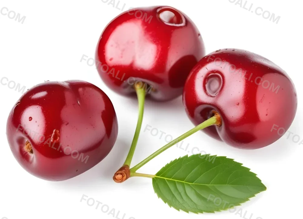 Ripe Red Cherries With Green Leaves Close Up 3 8f25