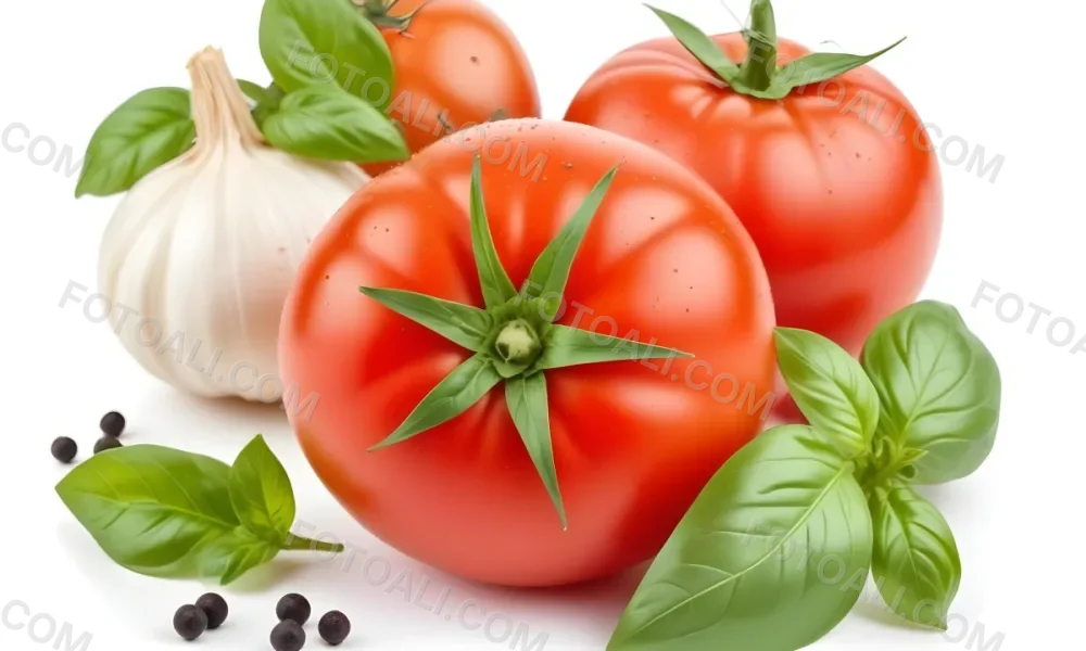 Ripe Red Tomatoes With Fresh Basil Leaves Garlic And Black Peppercorns On A White Background 14 4c23