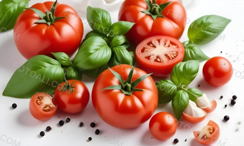 Ripe Red Tomatoes With Fresh Basil Leaves Garlic And Black Peppercorns On A White Background 17 Bf96