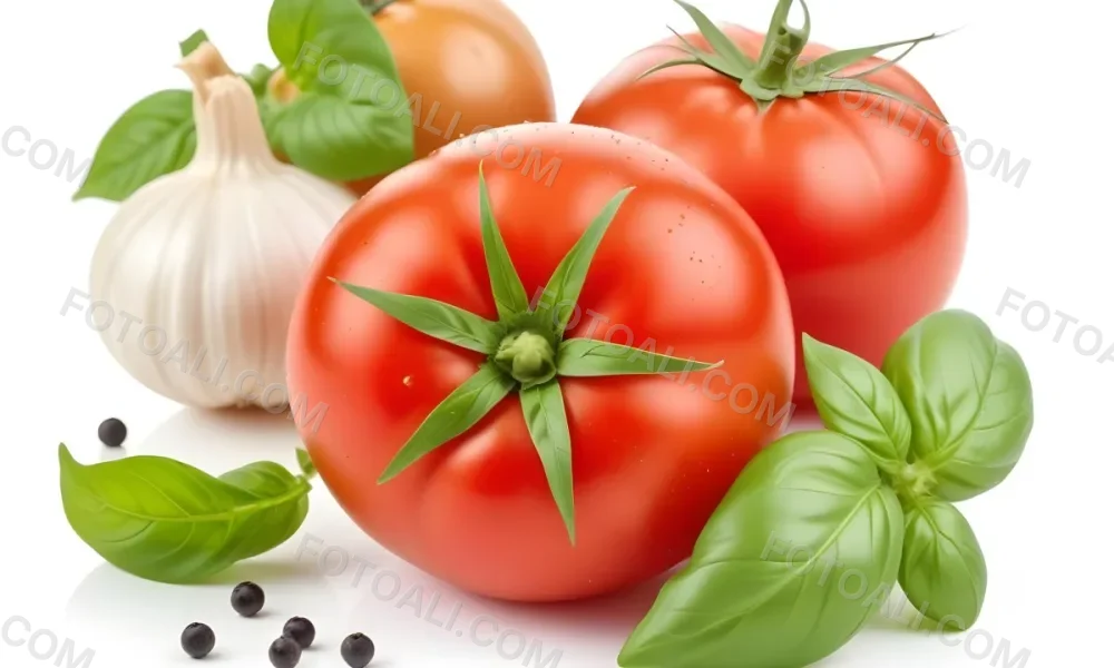 Ripe Red Tomatoes With Fresh Basil Leaves Garlic And Black Peppercorns On A White Background 18 D761