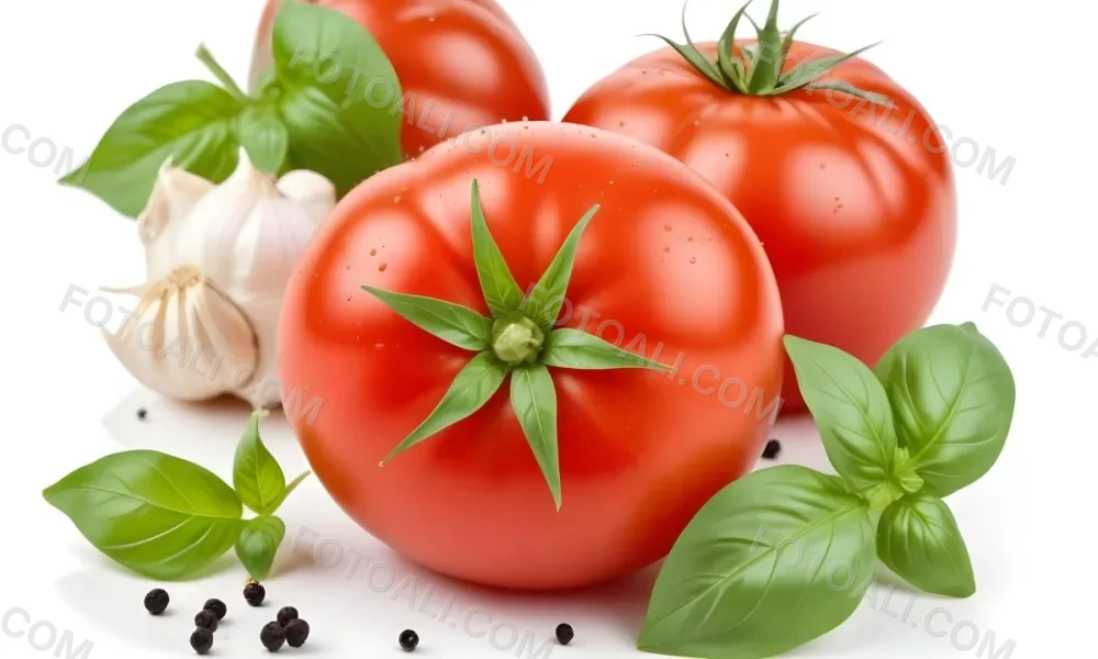 Ripe Red Tomatoes With Fresh Basil Leaves Garlic And Black Peppercorns On A White Background 22 Bcb0