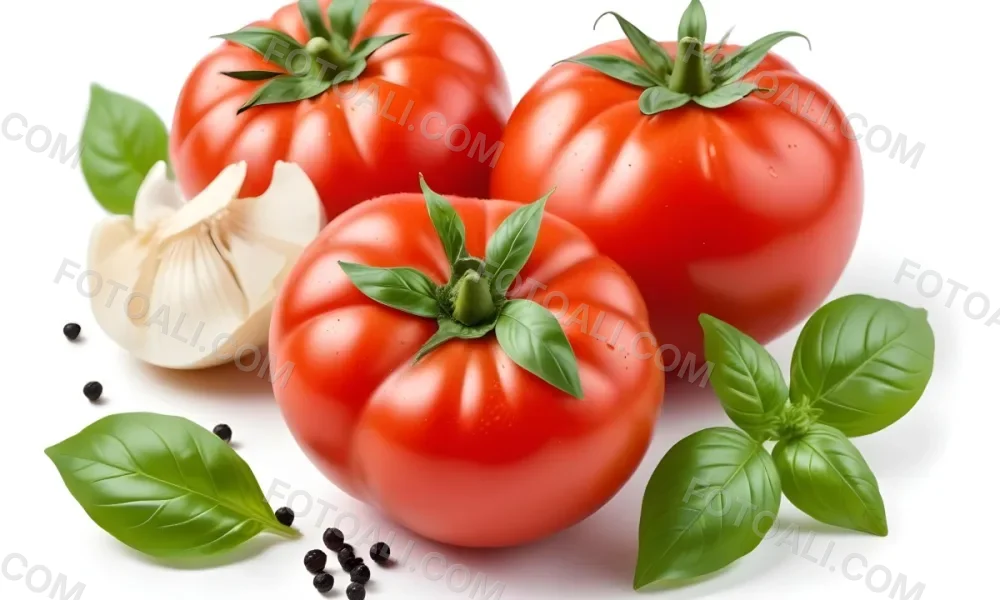 Ripe Red Tomatoes With Fresh Basil Leaves Garlic And Black Peppercorns On A White Background 23 01e0