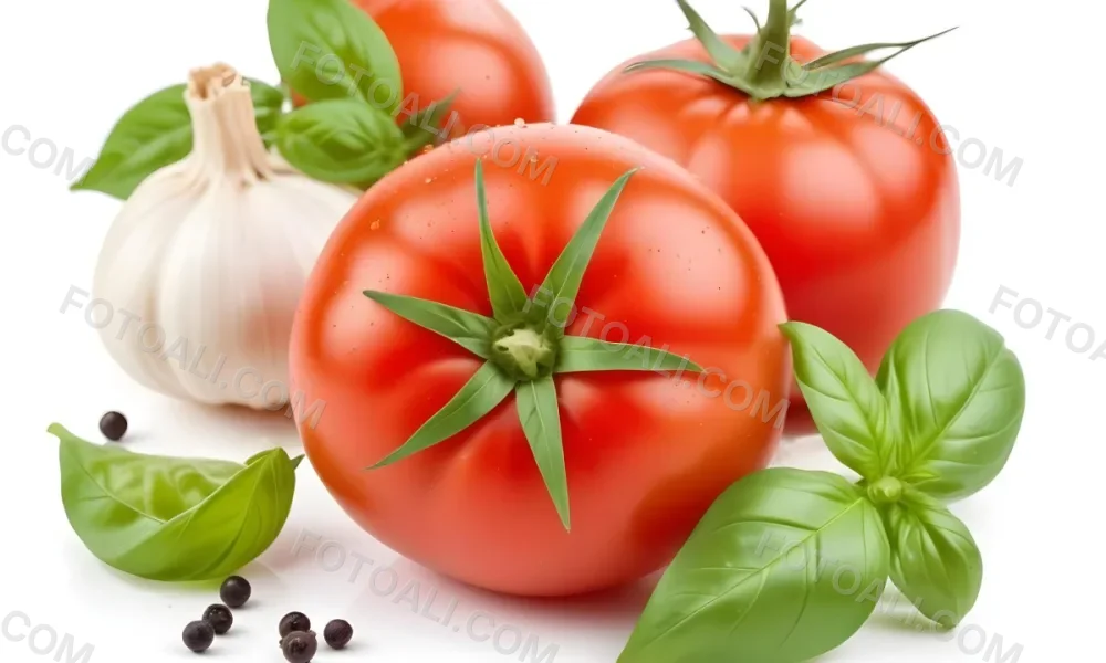 Ripe Red Tomatoes With Fresh Basil Leaves Garlic And Black Peppercorns On A White Background 29 3660