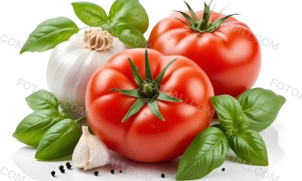 Ripe Red Tomatoes With Fresh Basil Leaves Garlic And Black Peppercorns On A White Background 30 E997