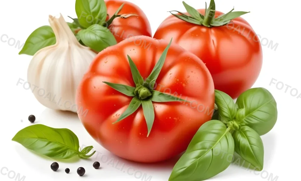 Ripe Red Tomatoes With Fresh Basil Leaves Garlic And Black Peppercorns On A White Background 4 0daf