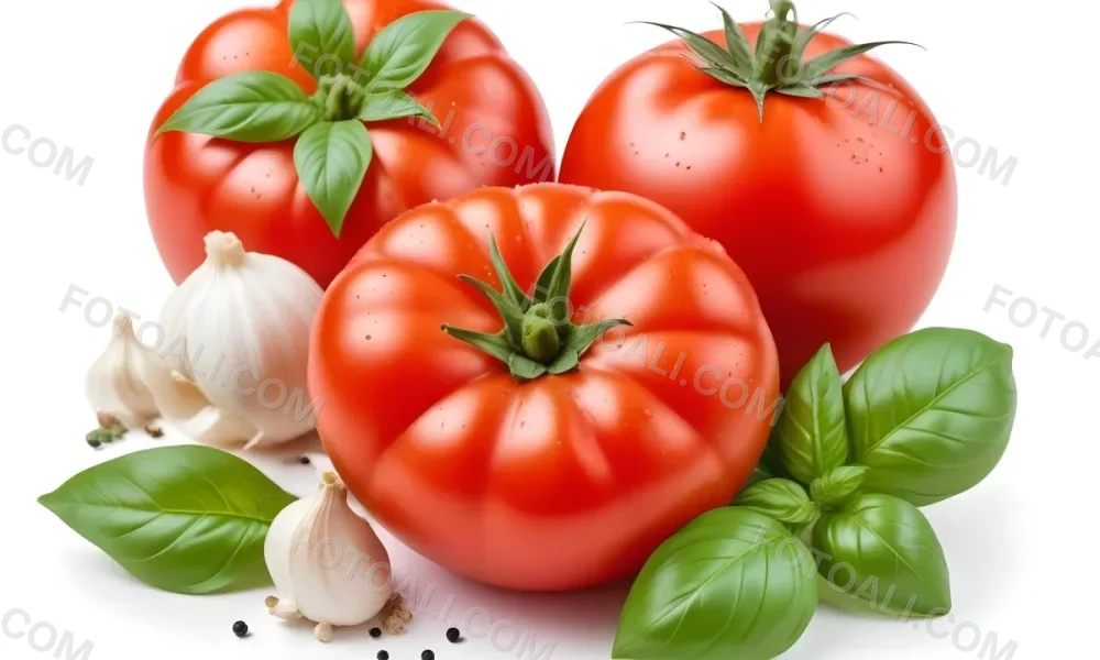 Ripe Red Tomatoes With Fresh Basil Leaves Garlic And Black Peppercorns On A White Background 6 688f