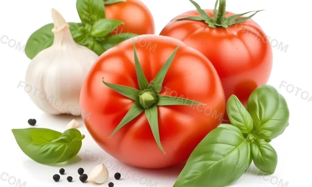 Ripe Red Tomatoes With Fresh Basil Leaves Garlic And Black Peppercorns On A White Background 7 E1d3