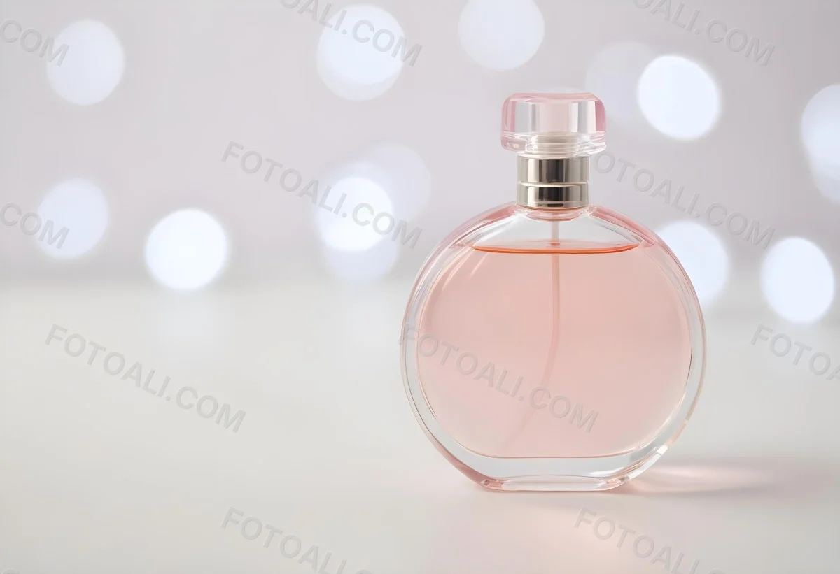 Round Perfume Bottle With A Transparent Cap Filled With A Light Pink Liquid On A White Surface With A Bokeh Background 14 065d