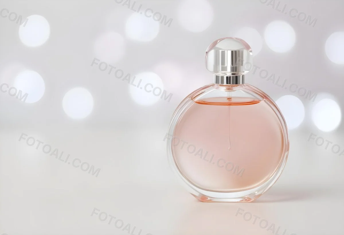 Round Perfume Bottle With A Transparent Cap Filled With A Light Pink Liquid On A White Surface With A Bokeh Background 18 6652