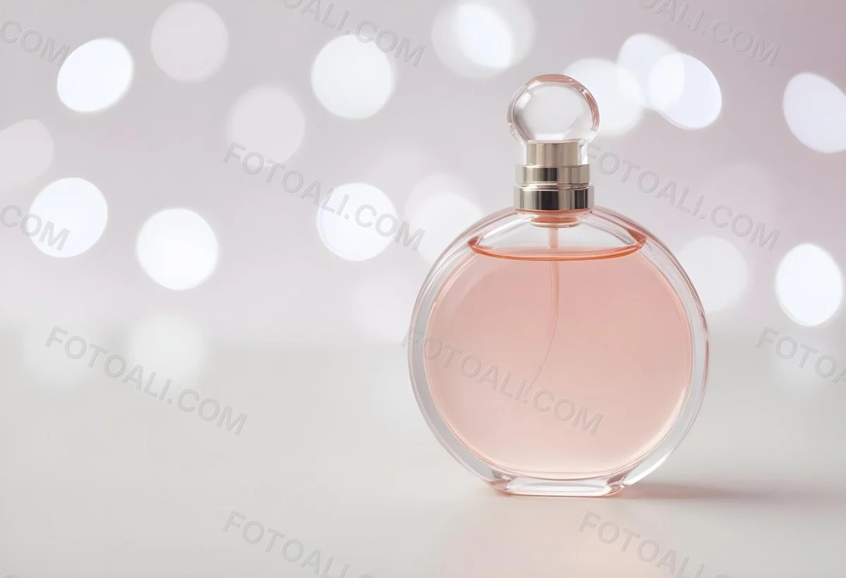 Round Perfume Bottle With A Transparent Cap Filled With A Light Pink Liquid On A White Surface With A Bokeh Background 25 6448
