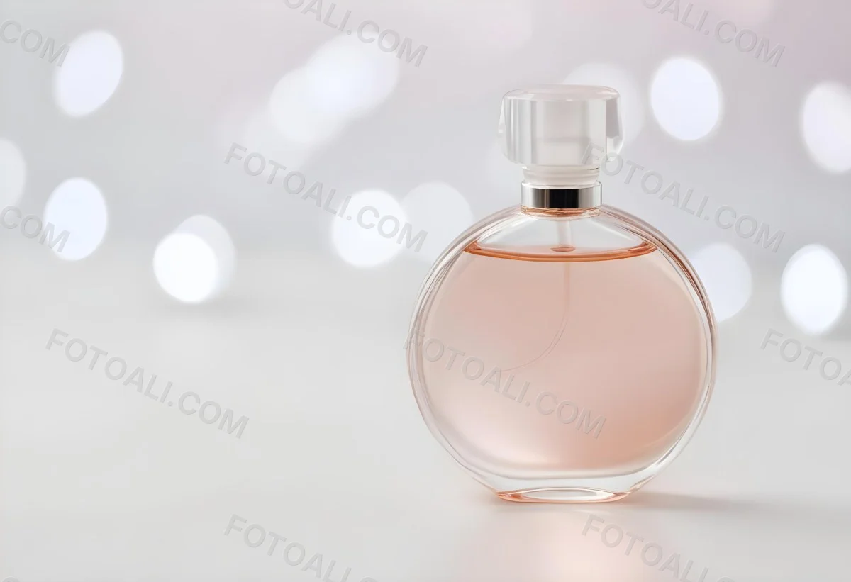 Round Perfume Bottle With A Transparent Cap Filled With A Light Pink Liquid On A White Surface With A Bokeh Background 26 C8f2