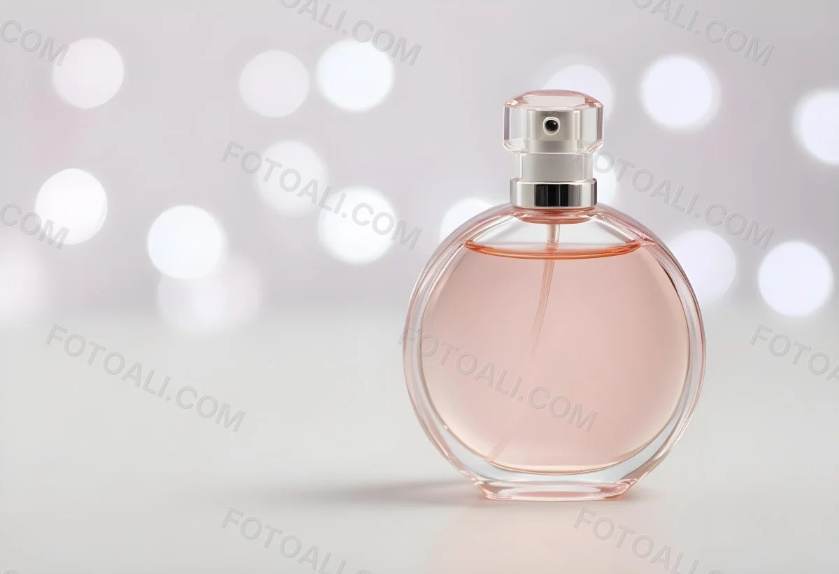 Round Perfume Bottle With A Transparent Cap Filled With A Light Pink Liquid On A White Surface With A Bokeh Background 28 225b