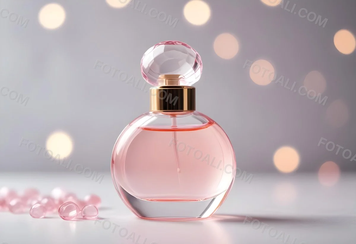 Round Perfume Bottle With A Transparent Cap Filled With A Light Pink Liquid On A White Surface With A Bokeh Background 29 B3a0