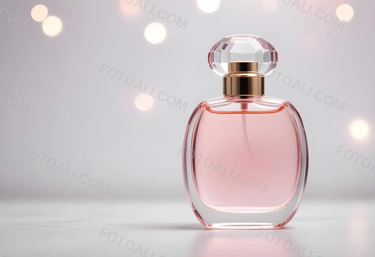 Round Perfume Bottle With A Transparent Cap Filled With A Light Pink Liquid On A White Surface With A Bokeh Background 3 0db1