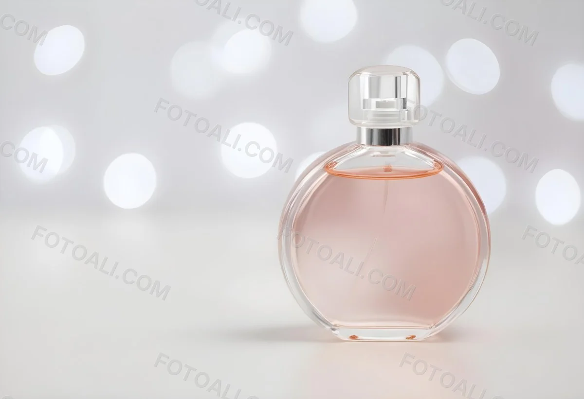 Round Perfume Bottle With A Transparent Cap Filled With A Light Pink Liquid On A White Surface With A Bokeh Background 4 F7c1