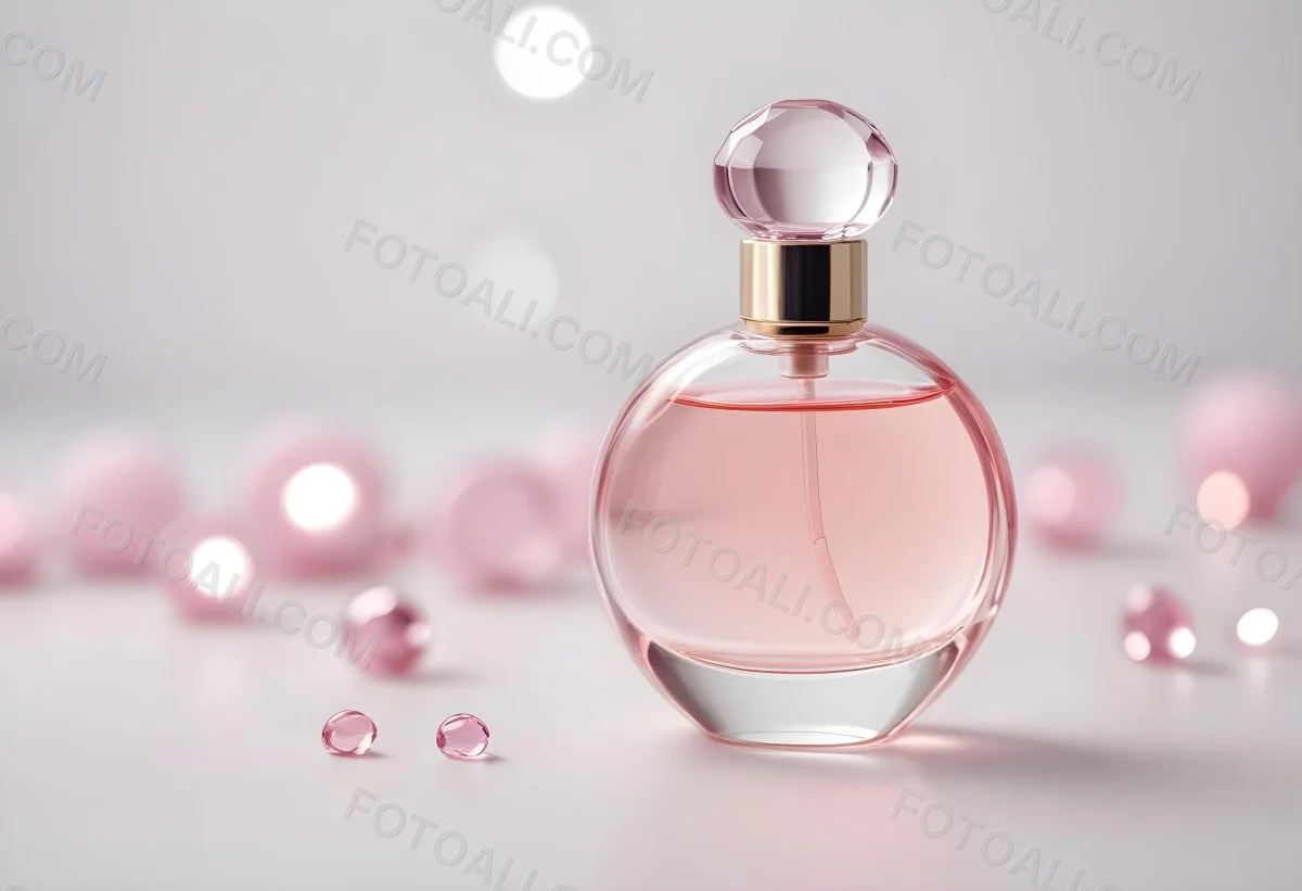 Round Perfume Bottle With A Transparent Cap Filled With A Light Pink Liquid On A White Surface With A Bokeh Background 5 935c