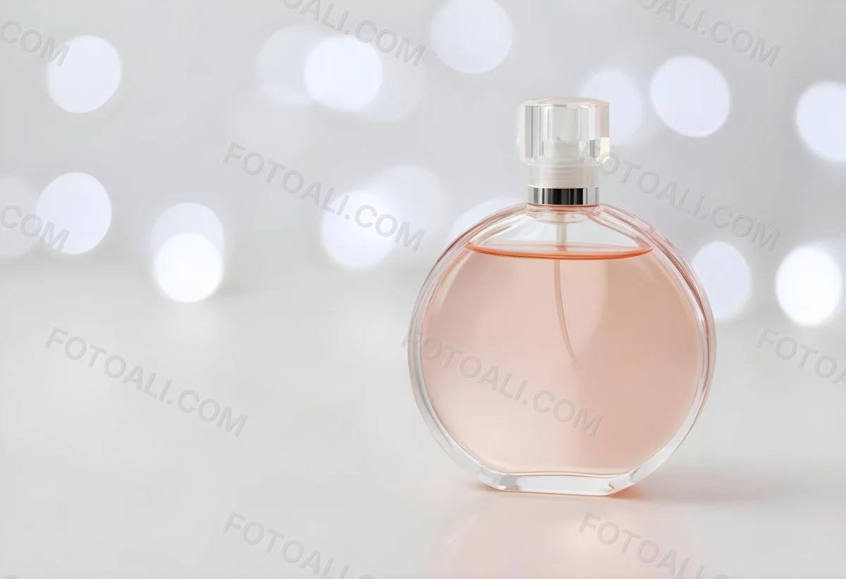 Round Perfume Bottle With A Transparent Cap Filled With A Light Pink Liquid On A White Surface With A Bokeh Background 6 33ce