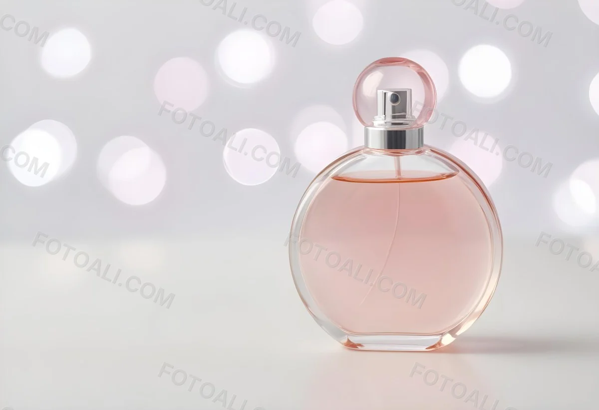 Round Perfume Bottle With A Transparent Cap Filled With A Light Pink Liquid On A White Surface With A Bokeh Background 8 2bb8