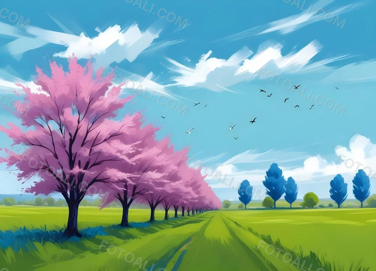 Row Of Blue Trees In A Green Field With A Blue Sky And White Clouds Birds Flying In The Distance Spring Landscape 10 C69b