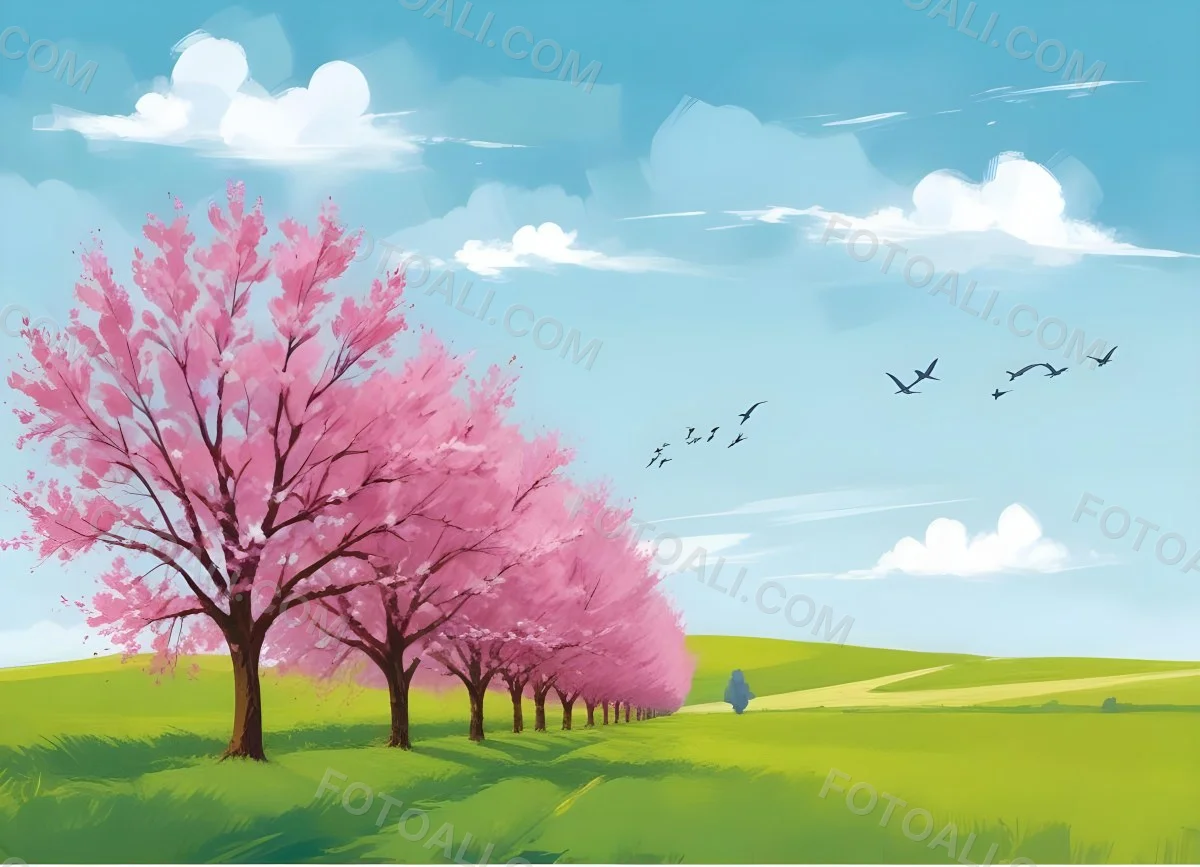 Row Of Blue Trees In A Green Field With A Blue Sky And White Clouds Birds Flying In The Distance Spring Landscape 11 912e