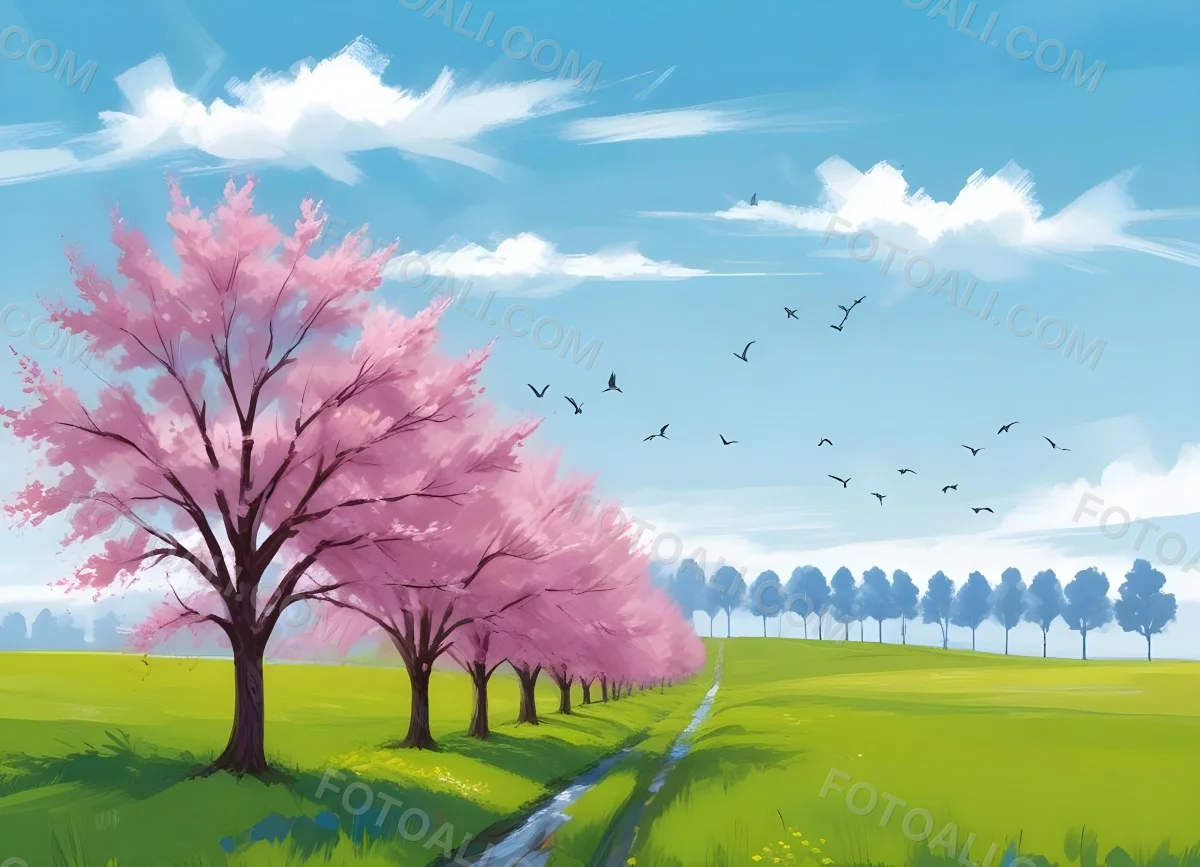 Row Of Blue Trees In A Green Field With A Blue Sky And White Clouds Birds Flying In The Distance Spring Landscape 14 1fff
